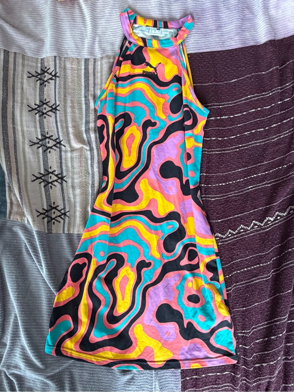 Puma Vibrant Swirl Halter Dress in Yellow, Pink, Teal and Black